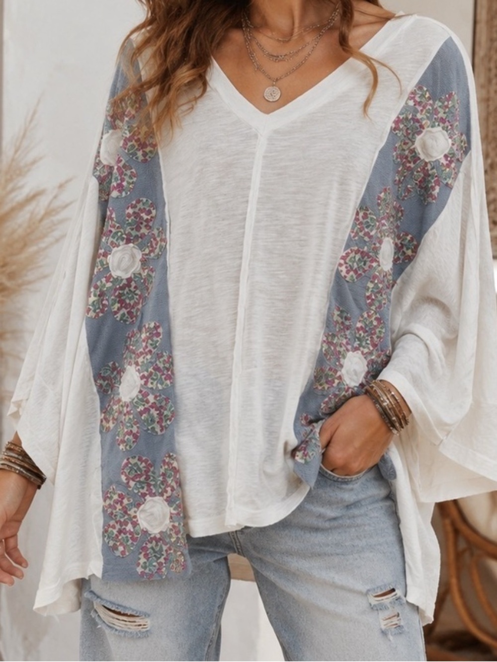 Womenโs Floral Patchwork Boho Oversized Poncho/ V-Neck top- BlueVelvet- NWT